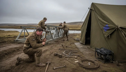 British Royal Engineers building bridge in field