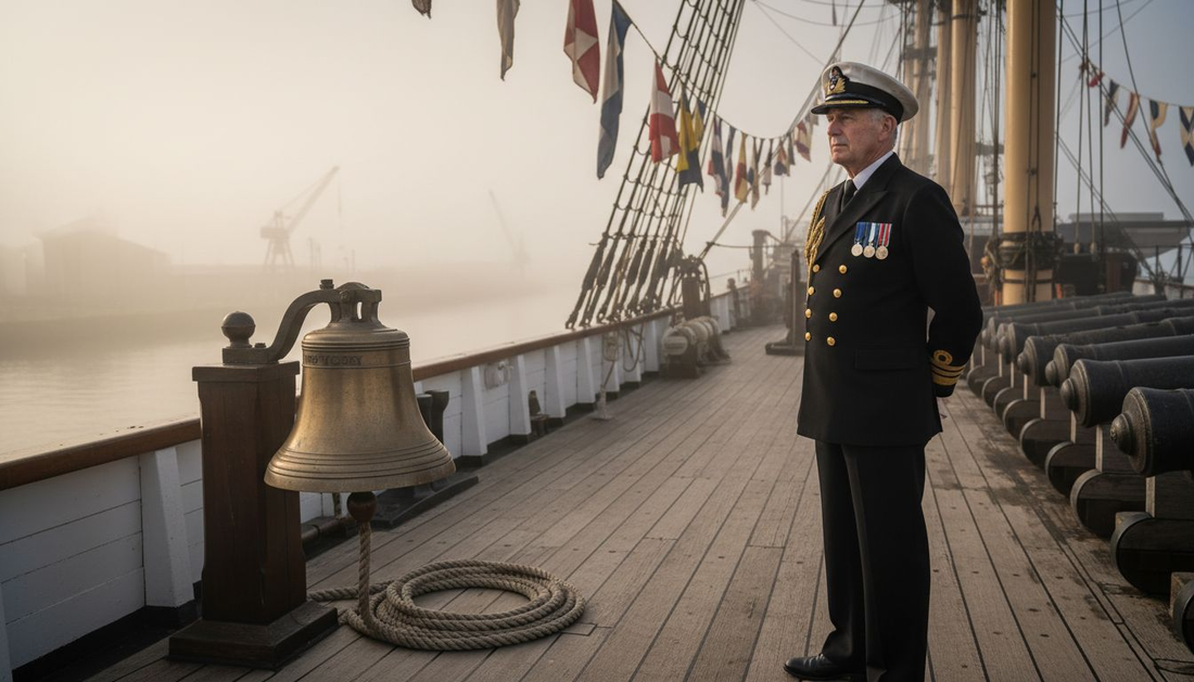 Royal Navy officer on historic ship deck