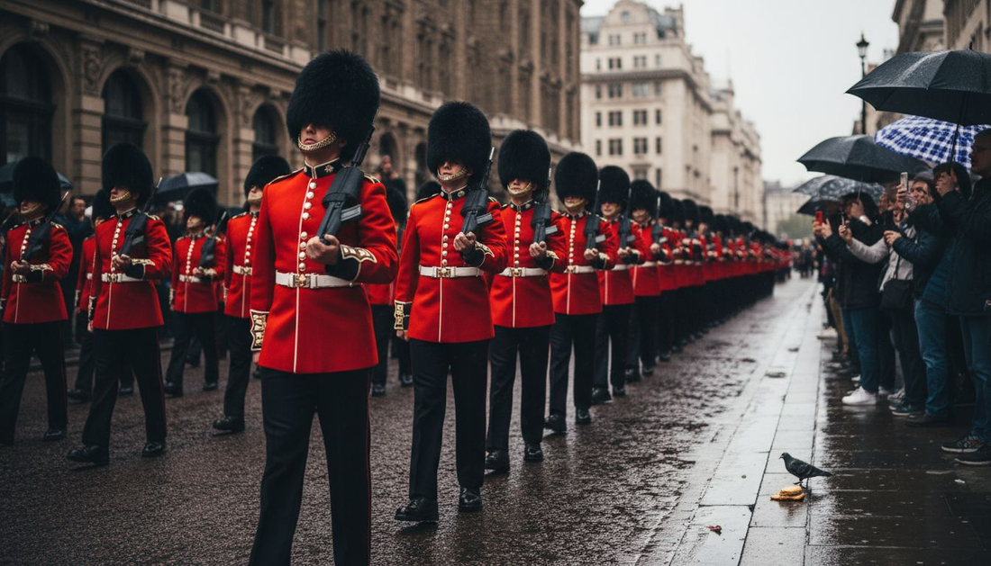 Coldstream Guards parade in rainy London street