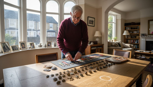 British Army veteran arranging regimental memorabilia