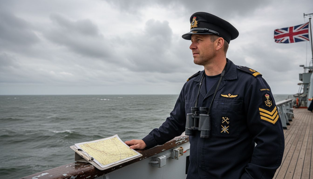 Royal Navy officer with uniform insignia on ship deck