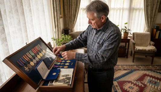 Veteran arranging medals in home display