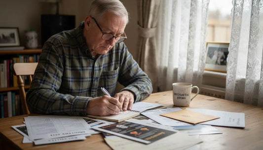 Veteran picking gifts with catalogues on table