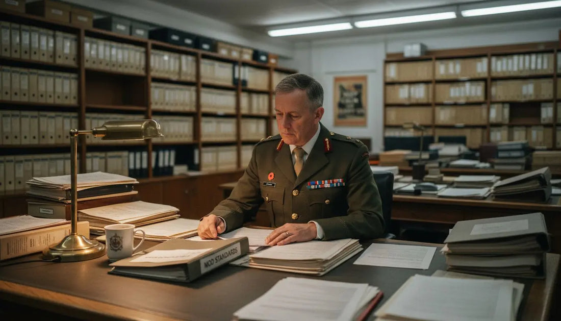 UK officer reviewing defence standards paperwork