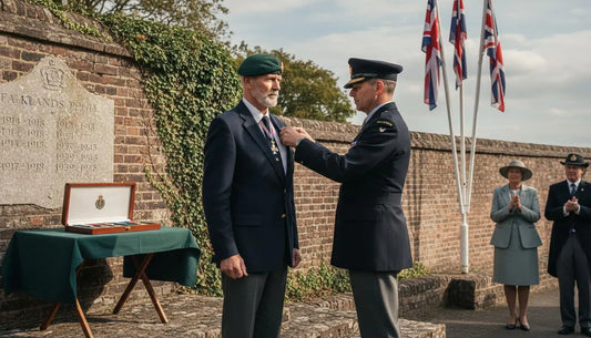 Veteran receiving UK campaign medal outdoors