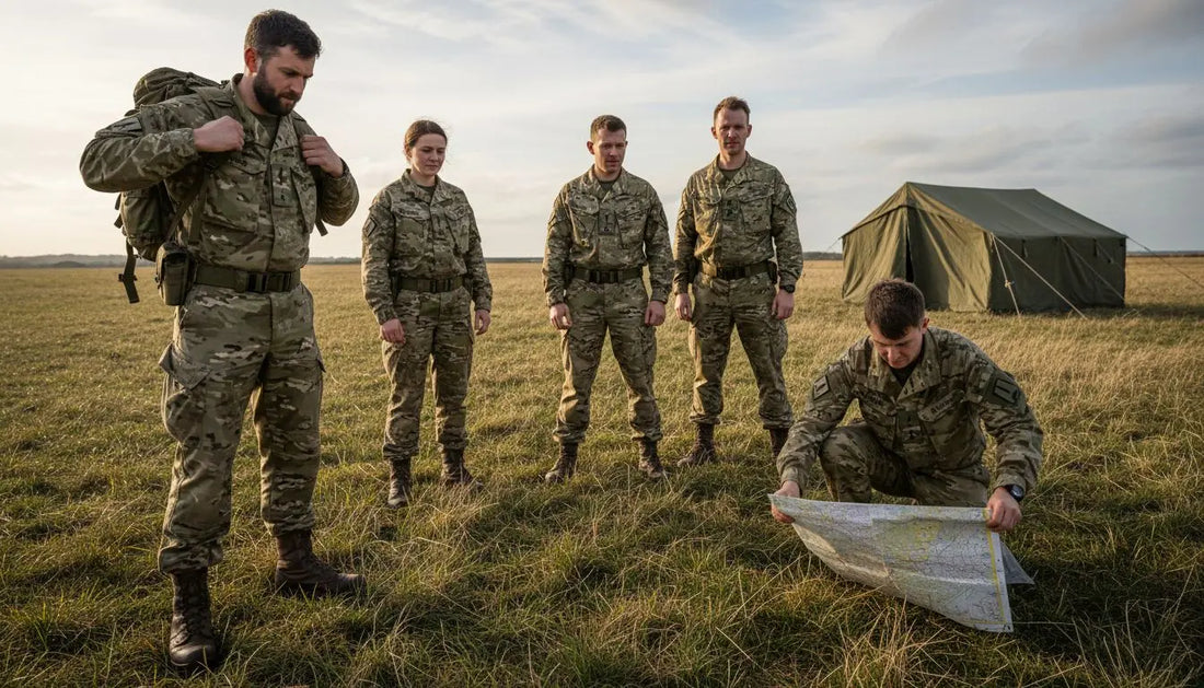 Group of soldiers training outdoors in fatigues