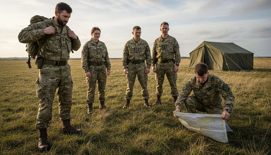 Group of soldiers training outdoors in fatigues
