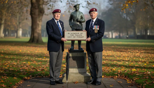 UK veterans holding commemorative plaque outdoors