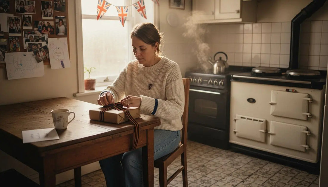 Military spouse opening gift in cozy kitchen