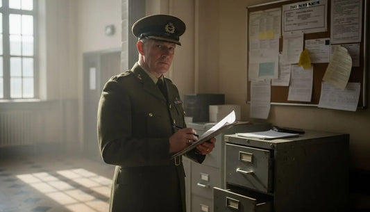 British Army Warrant Officer reviewing paperwork