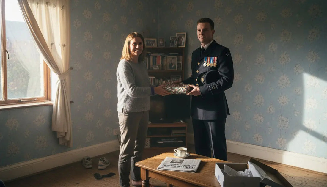 Serviceman receives gift in home setting