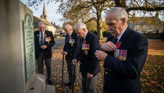 British veterans with red poppies at memorial