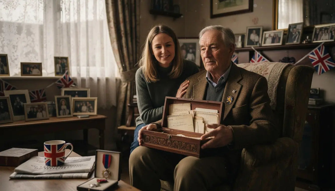 Veteran opening retirement gift with family in UK living room