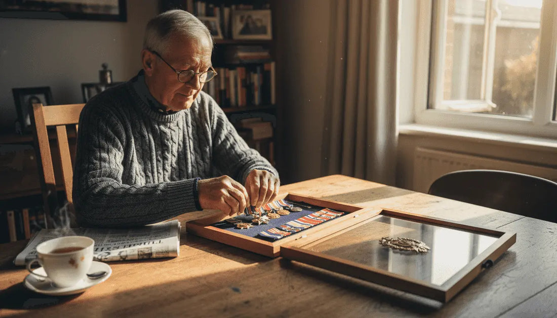Veteran arranging medals in military shadow box