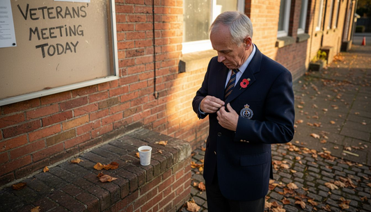 UK veteran adjusting service pin outside community hall