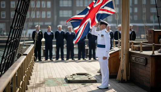 Royal Navy officer saluting as Union Jack raised