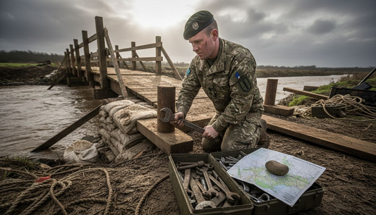 British Army sapper constructing temporary bridge