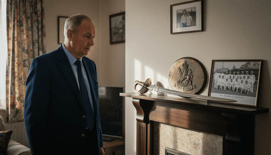 Navy veteran admiring retirement gifts display