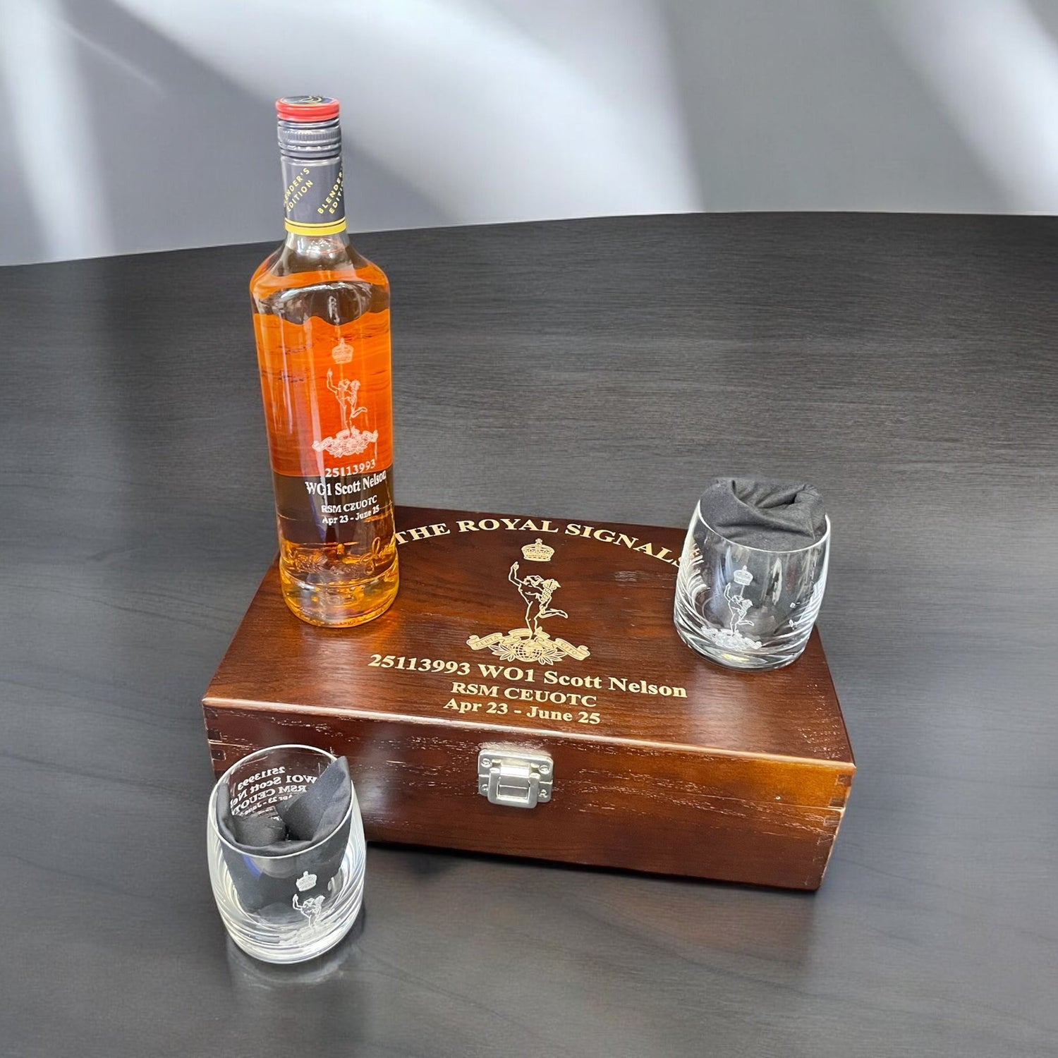 WHISKY BOTTLE, BOX & GLASSES