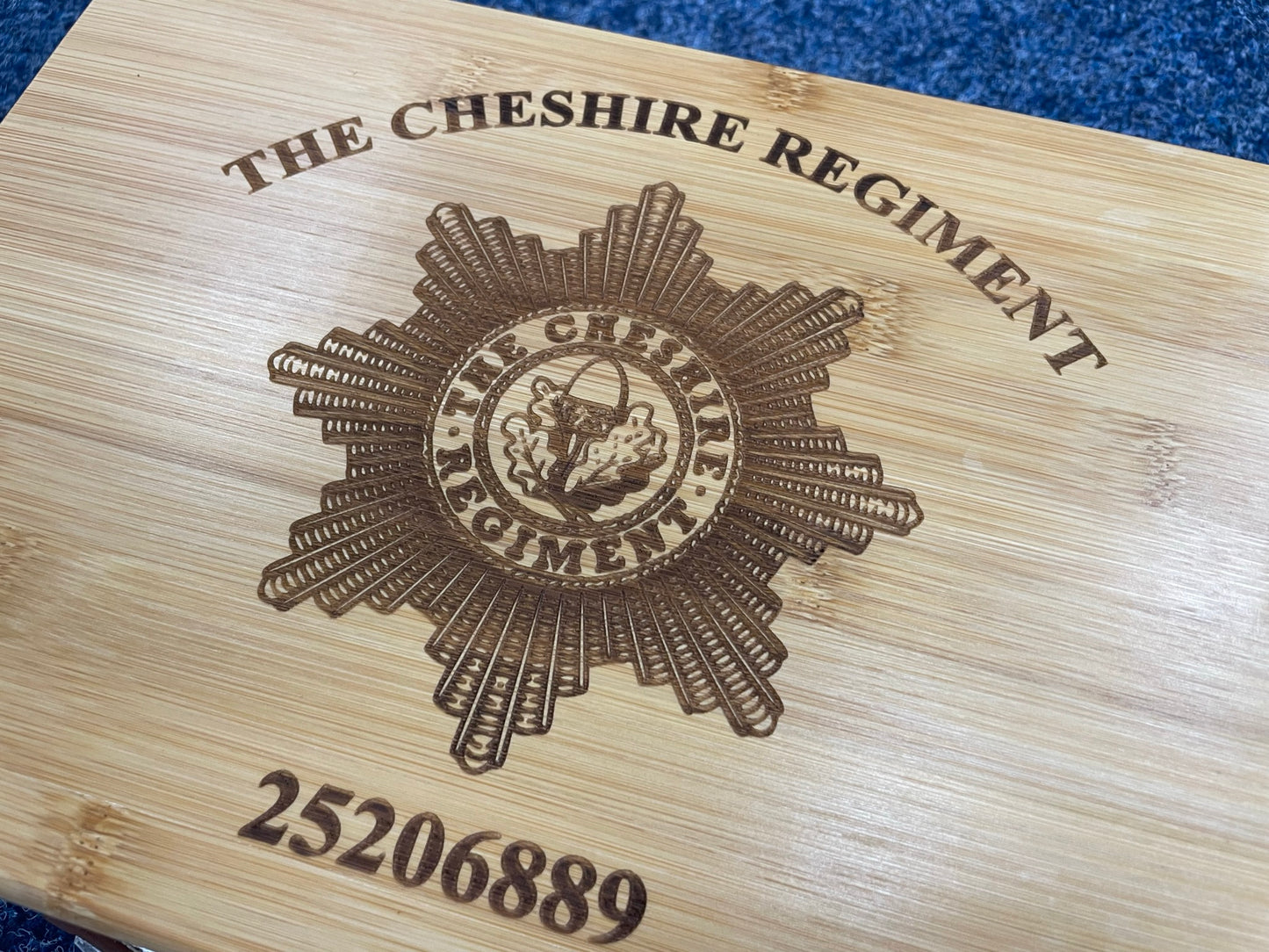 Cheshire regiment cap badge engraved memorabilla storage box.