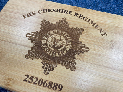 Cheshire regiment cap badge engraved memorabilla storage box.
