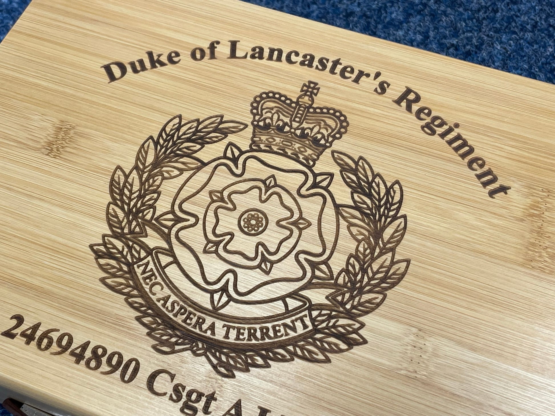 Duke of Lancasters personalised engraved medal and memorabila storage box.