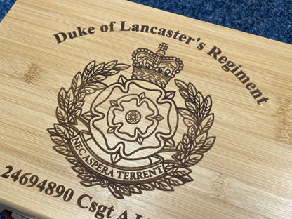 Duke of Lancasters personalised engraved medal and memorabila storage box.