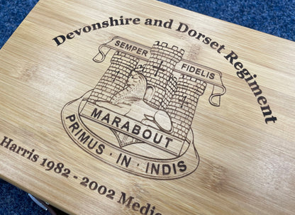 Devon & Dorset Regiment personalised engraved medal and memorabila storage box.