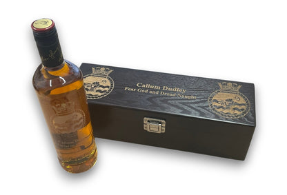 Royal Navy engraved whisky bottle and presentation wooden box.