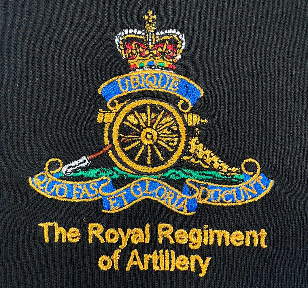 Royal Atillery embroidered t-shirts and hoodies.
