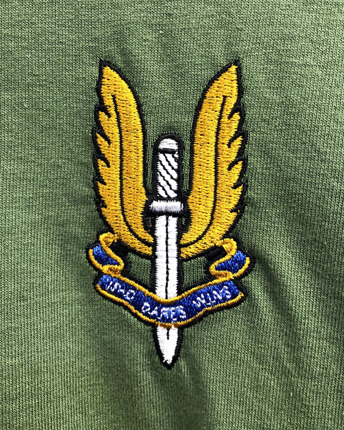 SAS embroidered t-shirts and hoodies.