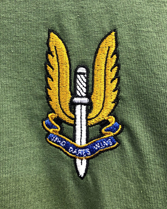 SAS embroidered t-shirts and hoodies.