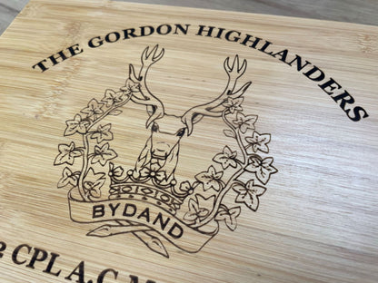 Gordon Highlanders engraved personalised medal and memorabila storage box.