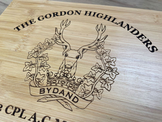 Gordon Highlanders engraved personalised medal and memorabila storage box.