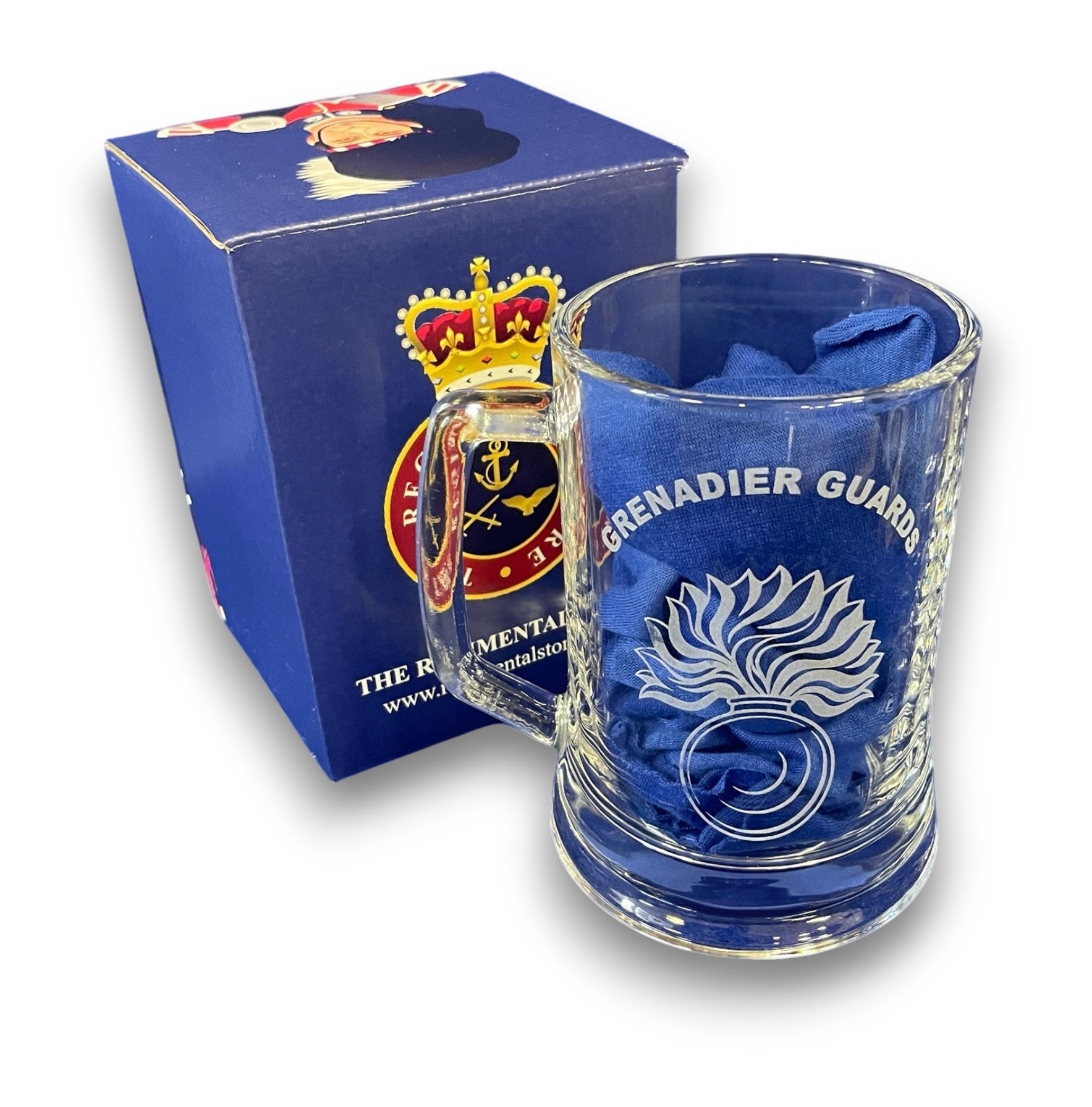 Grenadier Guards engraved beer glass and regimental gifts.