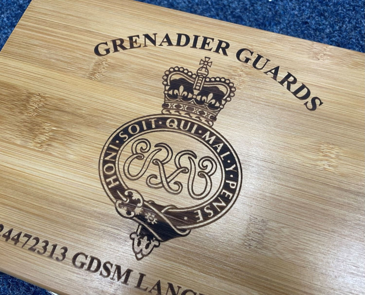 Grenadier Guards engraved medal and memorobilia storage box.