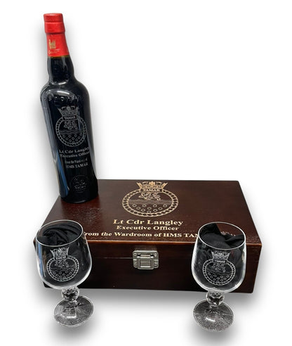 HMS Tamar and Ships engraved bottle and glasses.