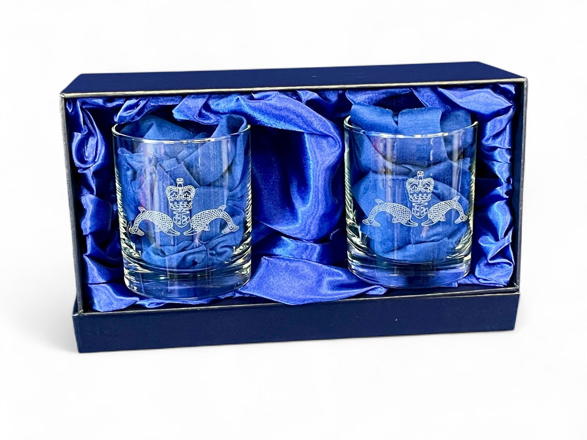 HM Submarines twin engraved whisky glasses.