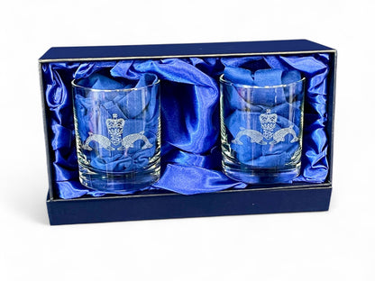 HM Submarines twin engraved whisky glasses.