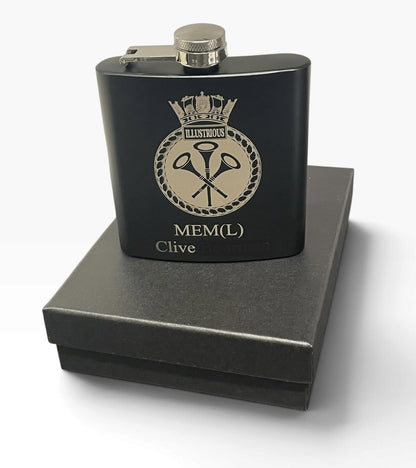 HMS Illustrious engraved hip flask and ships gifts.