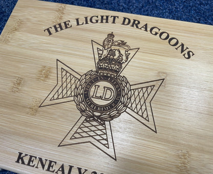 Light Dragoons engraved medal and memorobilia storage box.