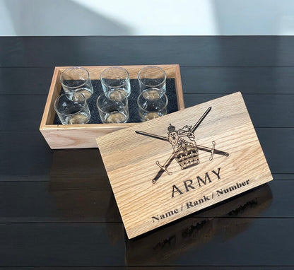 Shot Glass Collection in engraved Oak box.