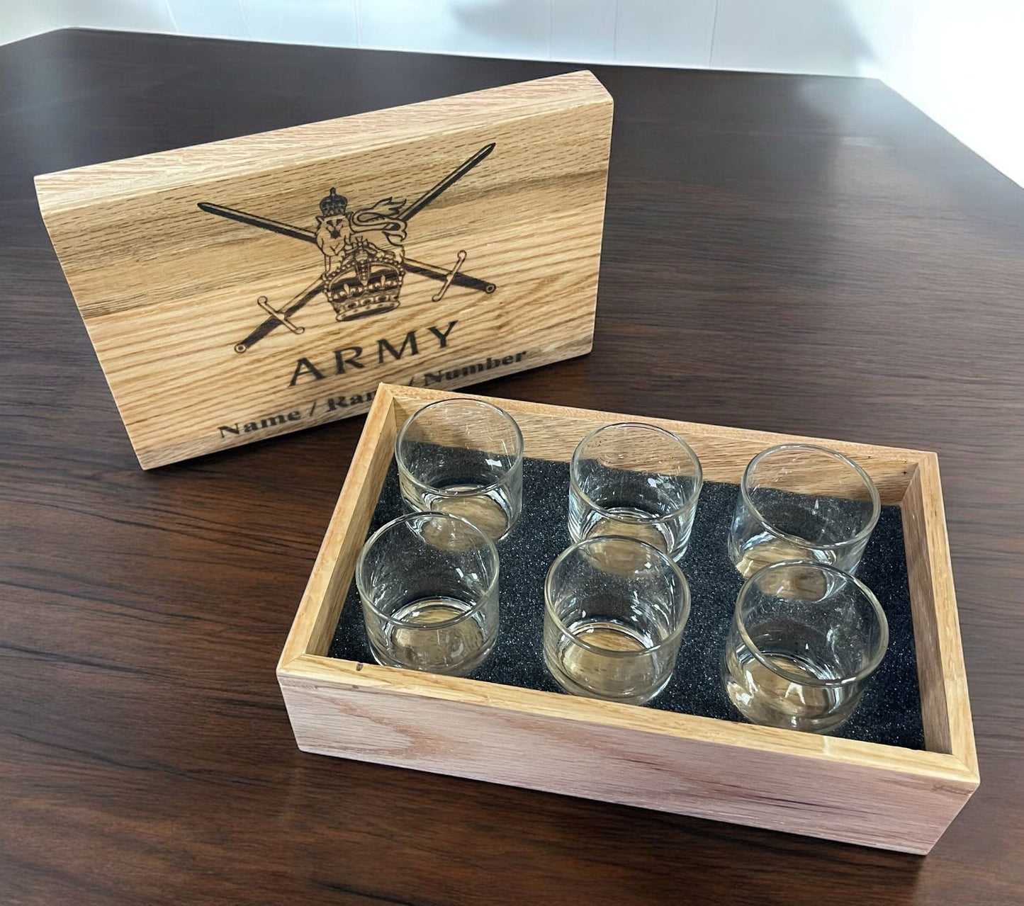 Shot Glass Collection in engraved Oak box.