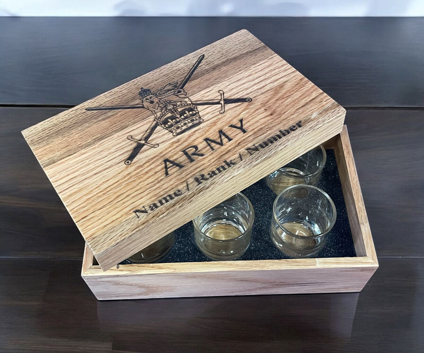Shot Glass Collection in engraved Oak box.