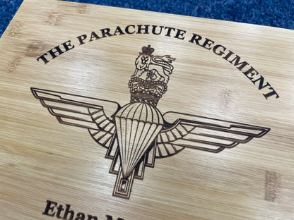 Parachute Regiment engraved medal and memorobilia storage box.
