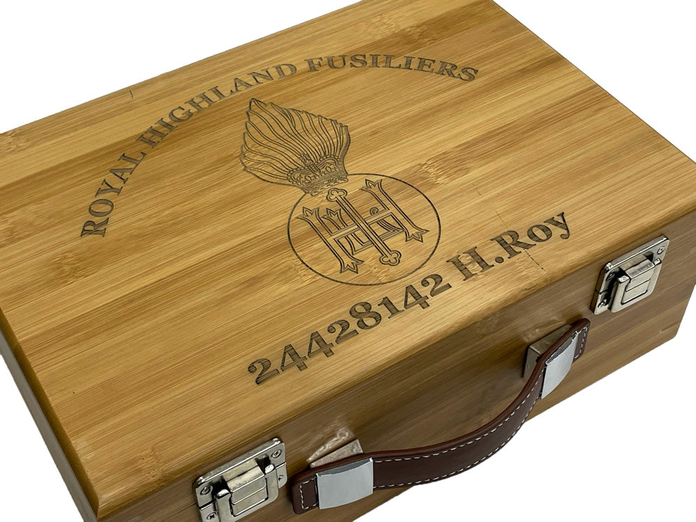 RHF engraved personalised medal and memorabila storage box.