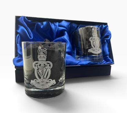 Queens Royal Hussars twin engraved whisky glasses.