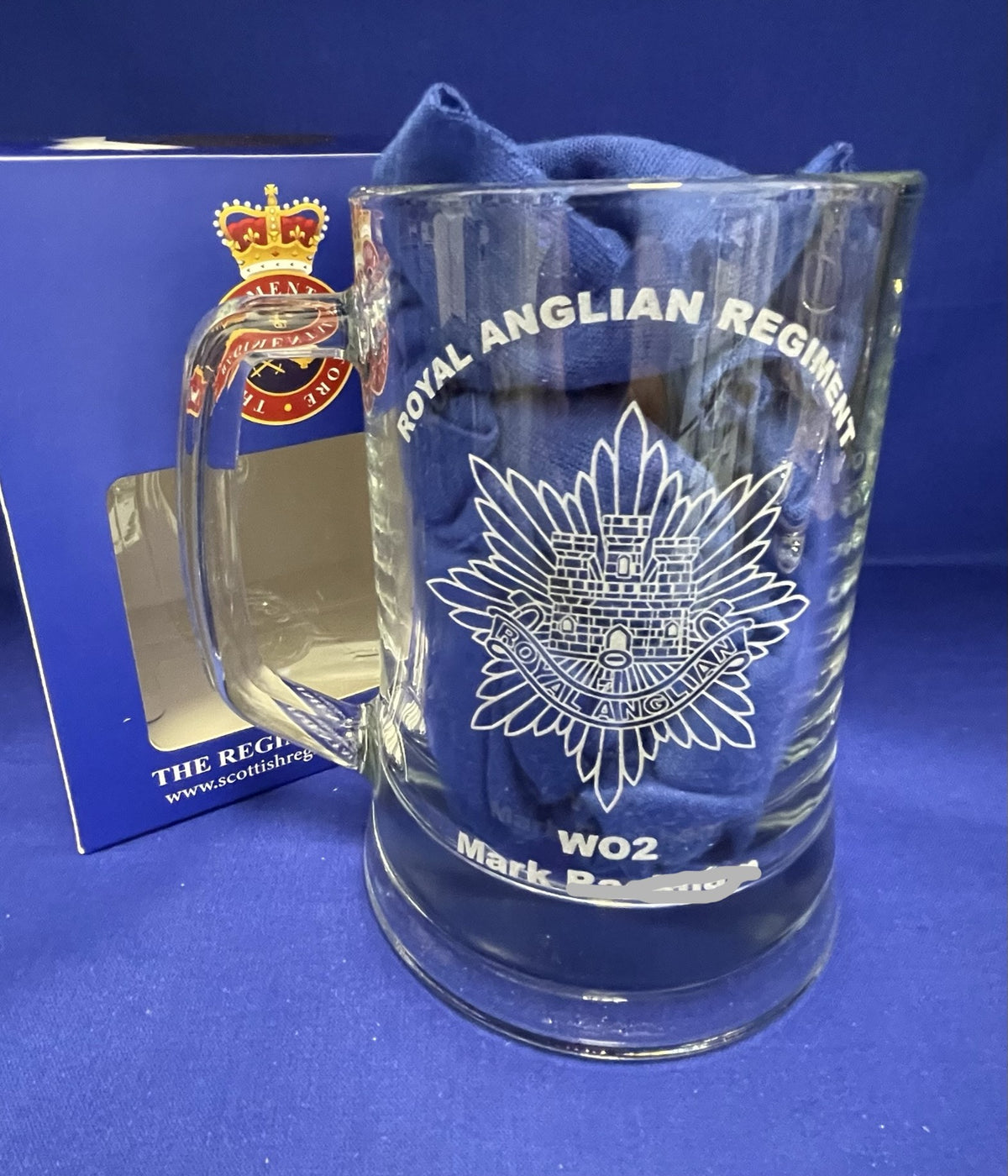 Royal Anglian Regiment engraved beer glass and regimental gifts.