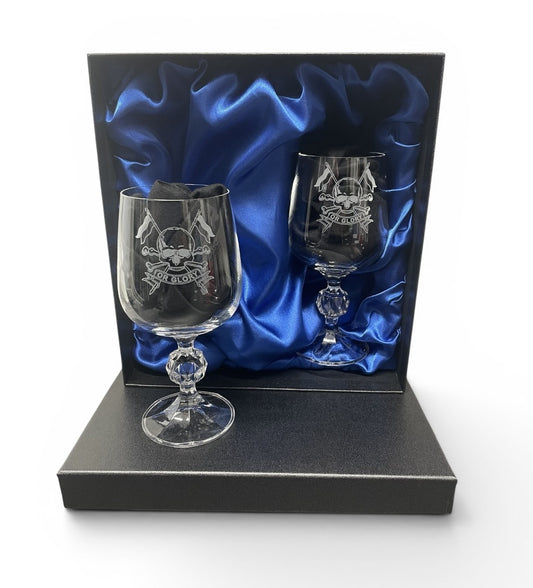 Royal Lancers engraved port and wine glasses.