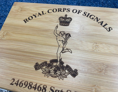 Royal Signals personalised engraved medal and memorabila storage box.